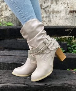 YL New In Shoes En Bloom | Rivet Strap-Wrapped Moto Boots - Cream