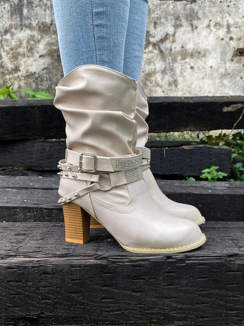YL New In Shoes En Bloom | Rivet Strap-Wrapped Moto Boots - Cream 3 YL New In Shoes En Bloom | Rivet Strap-Wrapped Moto Boots - Cream