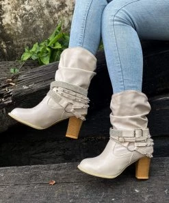 YL New In Shoes En Bloom | Rivet Strap-Wrapped Moto Boots - Cream 13 YL New In Shoes En Bloom | Rivet Strap-Wrapped Moto Boots - Cream
