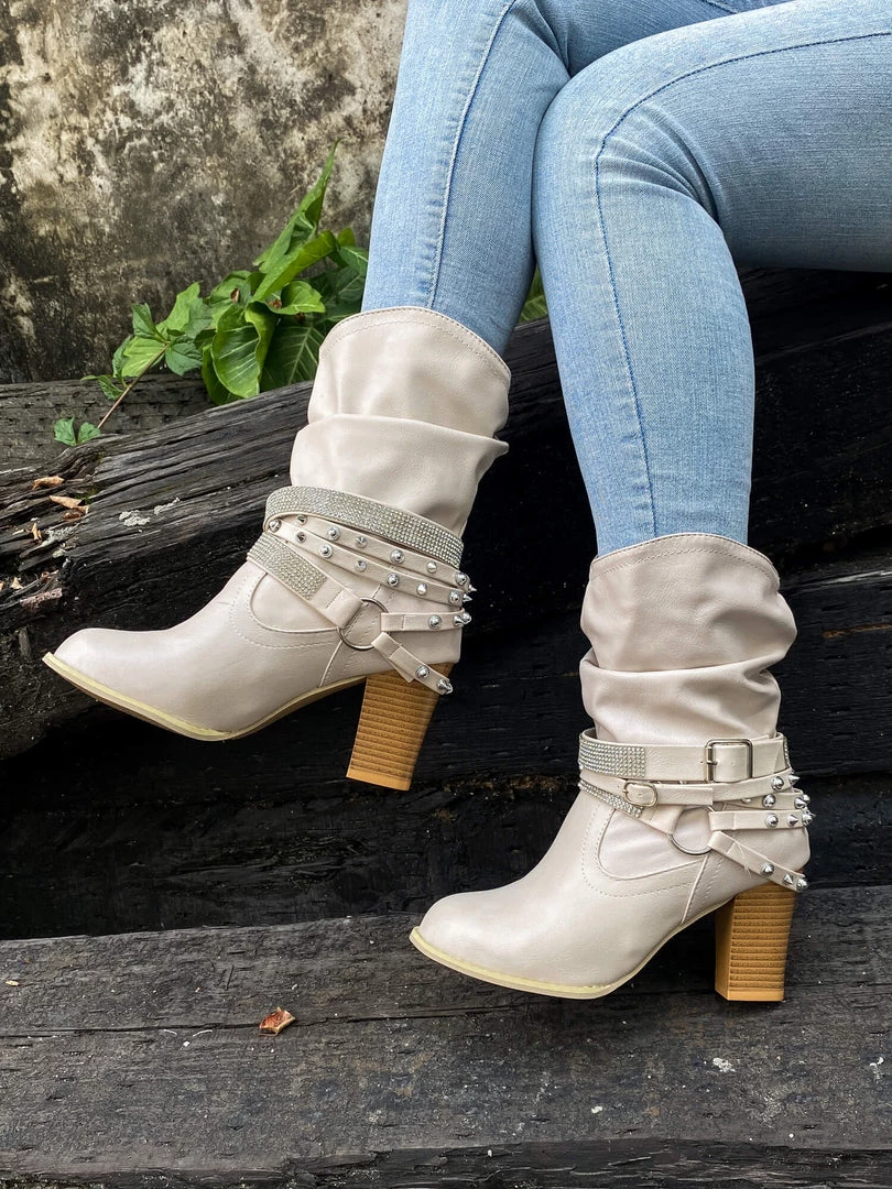 YL New In Shoes En Bloom | Rivet Strap-Wrapped Moto Boots - Cream 4 YL New In Shoes En Bloom | Rivet Strap-Wrapped Moto Boots - Cream