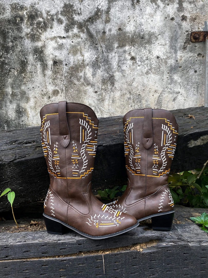 YL En Bloom | Geometric Embroidered Knee Cowboy Boots - Brown New In Shoes 7 YL En Bloom | Geometric Embroidered Knee Cowboy Boots - Brown New In Shoes