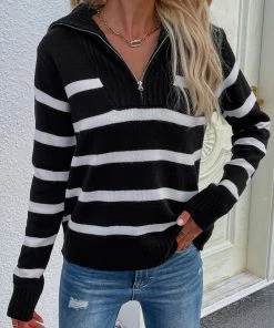 MY Smaibulun | Black Stripe Quarter-Zip Knit Pullover