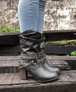 YL En Bloom | Rivet Strap-Wrapped Moto Boots - Charcoal