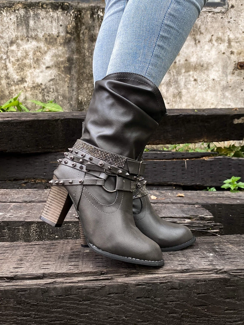 YL En Bloom | Rivet Strap-Wrapped Moto Boots - Charcoal 4 YL En Bloom | Rivet Strap-Wrapped Moto Boots - Charcoal