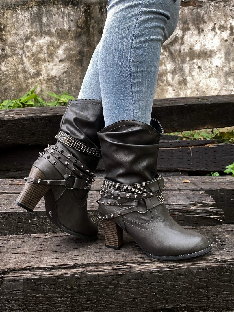 YL En Bloom | Rivet Strap-Wrapped Moto Boots - Charcoal 10 YL En Bloom | Rivet Strap-Wrapped Moto Boots - Charcoal