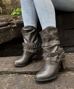 YL En Bloom | Rivet Strap-Wrapped Moto Boots - Charcoal 12 YL En Bloom | Rivet Strap-Wrapped Moto Boots - Charcoal