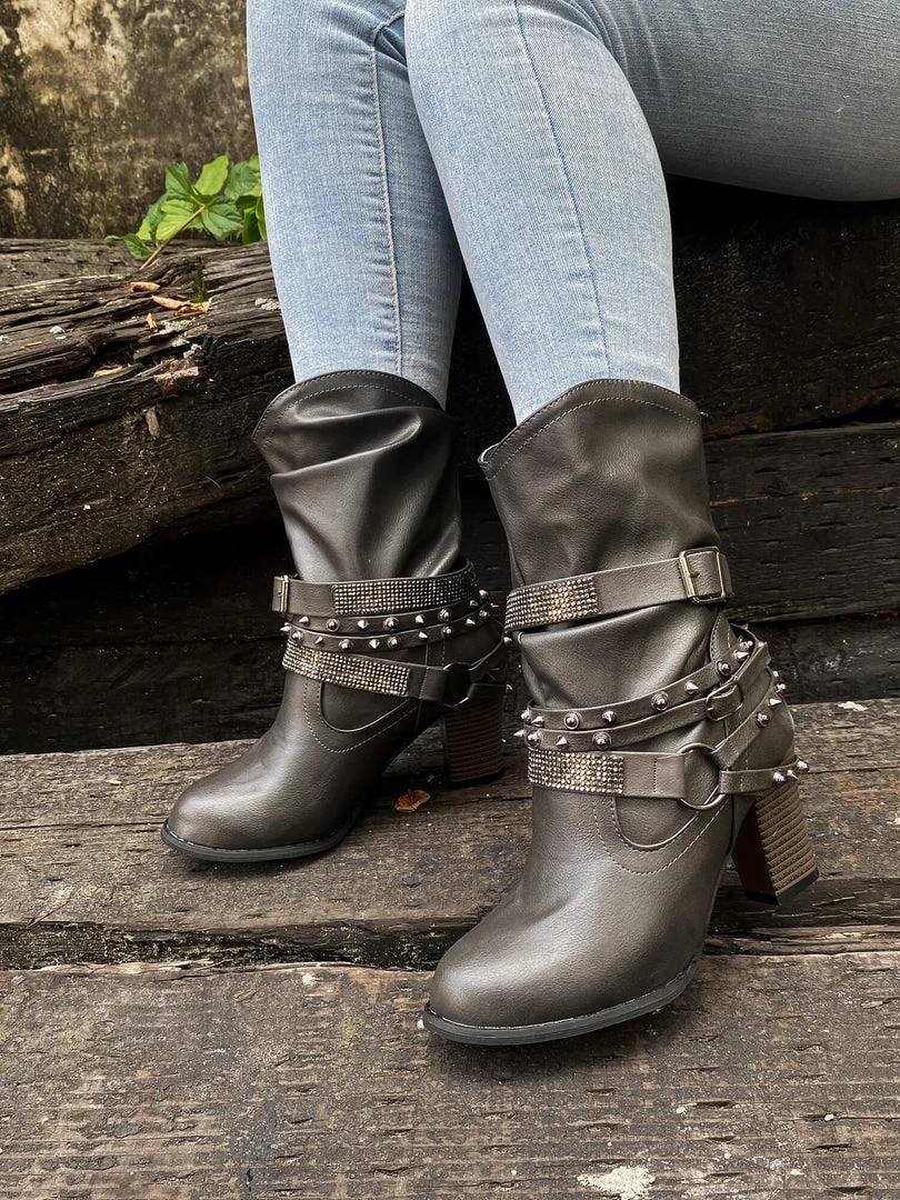 YL En Bloom | Rivet Strap-Wrapped Moto Boots - Charcoal 3 YL En Bloom | Rivet Strap-Wrapped Moto Boots - Charcoal