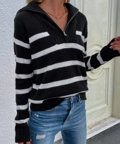 MY Smaibulun | Black Stripe Quarter-Zip Knit Pullover