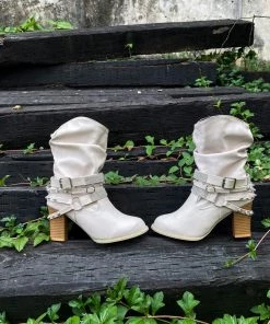 YL New In Shoes En Bloom | Rivet Strap-Wrapped Moto Boots - Cream 15 YL New In Shoes En Bloom | Rivet Strap-Wrapped Moto Boots - Cream