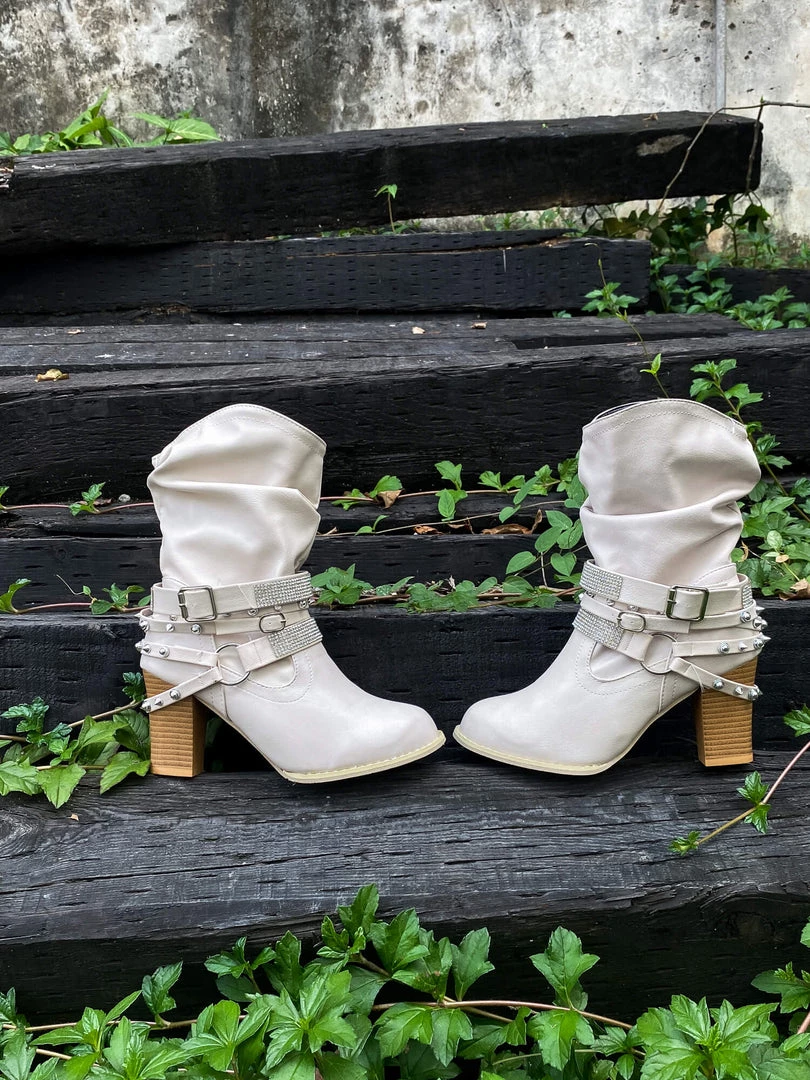 YL New In Shoes En Bloom | Rivet Strap-Wrapped Moto Boots - Cream 6 YL New In Shoes En Bloom | Rivet Strap-Wrapped Moto Boots - Cream