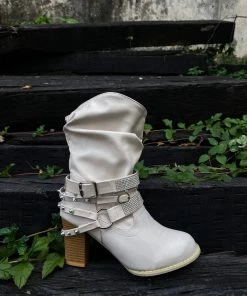 YL New In Shoes En Bloom | Rivet Strap-Wrapped Moto Boots - Cream 14 YL New In Shoes En Bloom | Rivet Strap-Wrapped Moto Boots - Cream