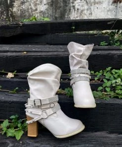 YL New In Shoes En Bloom | Rivet Strap-Wrapped Moto Boots - Cream 17 YL New In Shoes En Bloom | Rivet Strap-Wrapped Moto Boots - Cream