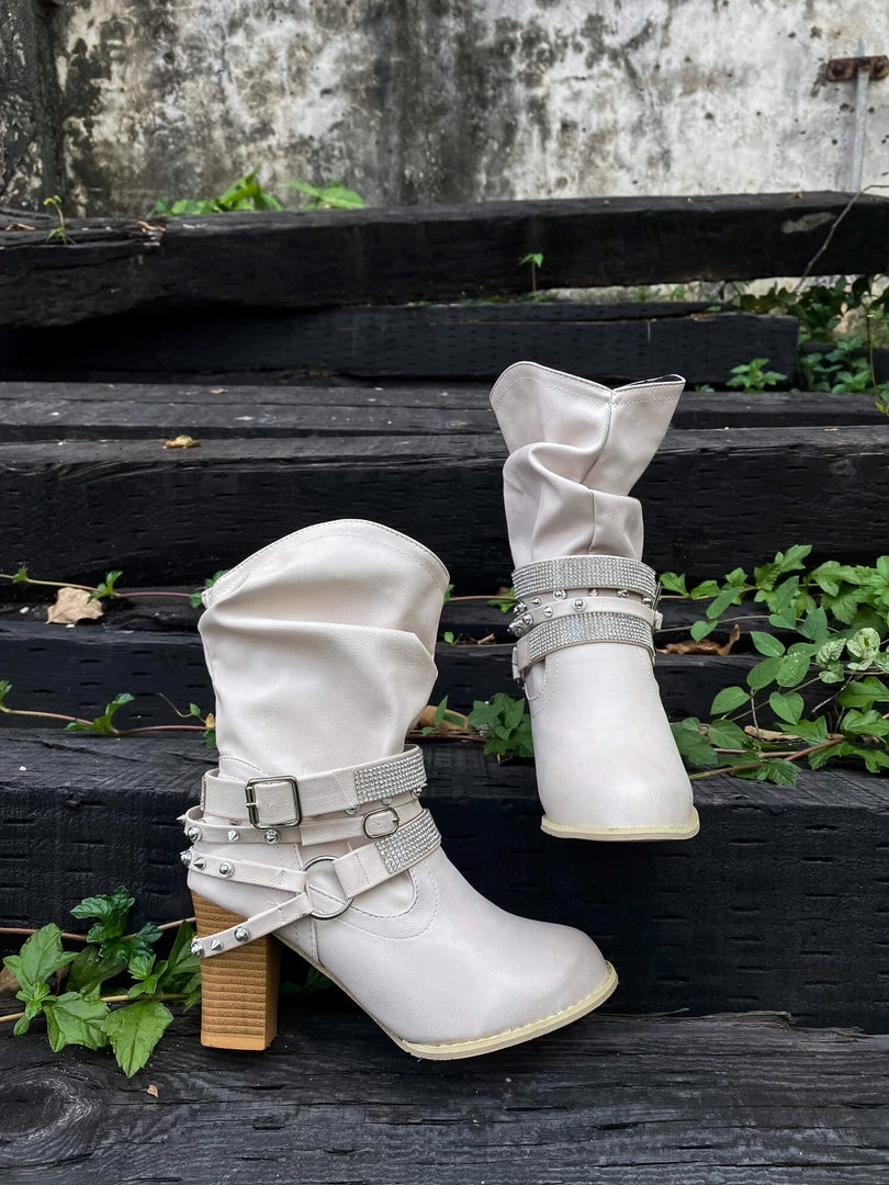 YL New In Shoes En Bloom | Rivet Strap-Wrapped Moto Boots - Cream 8 YL New In Shoes En Bloom | Rivet Strap-Wrapped Moto Boots - Cream
