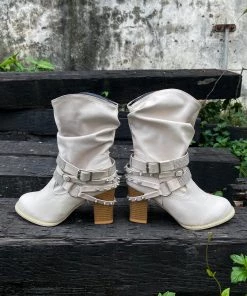YL New In Shoes En Bloom | Rivet Strap-Wrapped Moto Boots - Cream 18 YL New In Shoes En Bloom | Rivet Strap-Wrapped Moto Boots - Cream