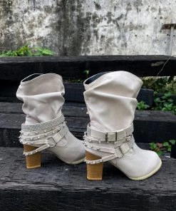 YL New In Shoes En Bloom | Rivet Strap-Wrapped Moto Boots - Cream 19 YL New In Shoes En Bloom | Rivet Strap-Wrapped Moto Boots - Cream