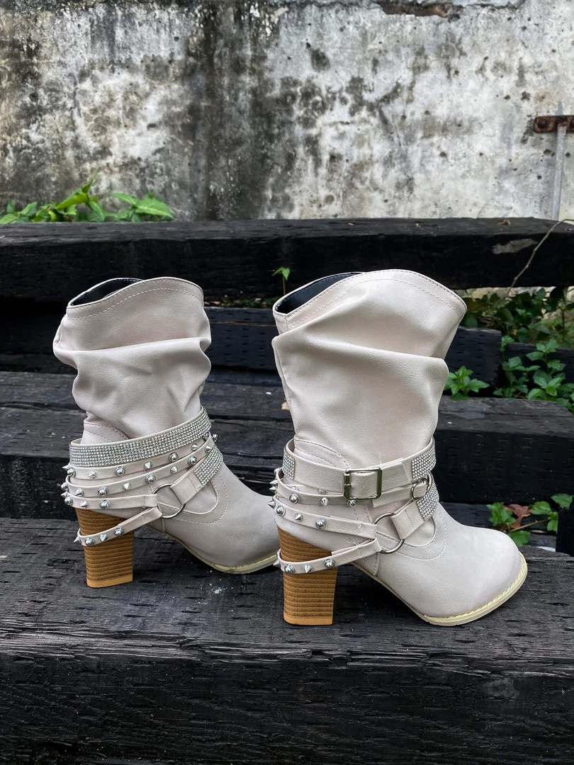 YL New In Shoes En Bloom | Rivet Strap-Wrapped Moto Boots - Cream 10 YL New In Shoes En Bloom | Rivet Strap-Wrapped Moto Boots - Cream