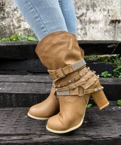 YL New In Shoes En Bloom | Rivet Strap-Wrapped Moto Boots - Tan