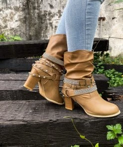 YL New In Shoes En Bloom | Rivet Strap-Wrapped Moto Boots - Tan