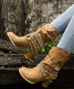 YL New In Shoes En Bloom | Rivet Strap-Wrapped Moto Boots - Tan