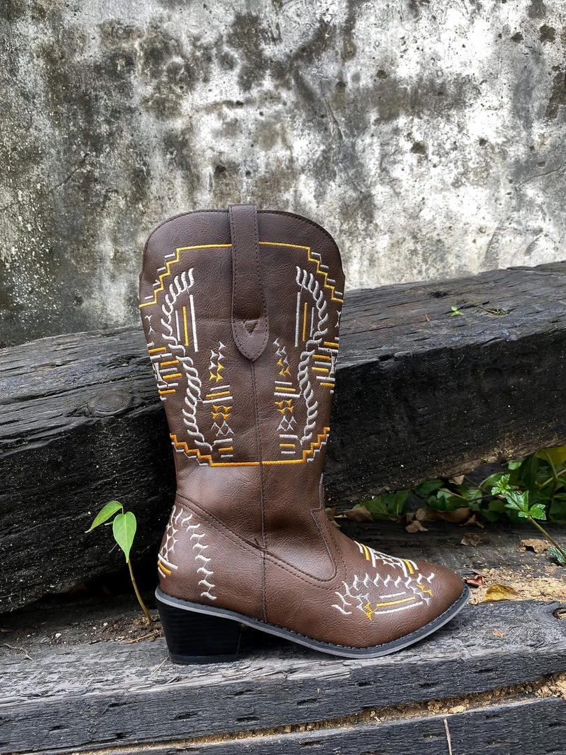 YL En Bloom | Geometric Embroidered Knee Cowboy Boots - Brown New In Shoes 6 YL En Bloom | Geometric Embroidered Knee Cowboy Boots - Brown New In Shoes