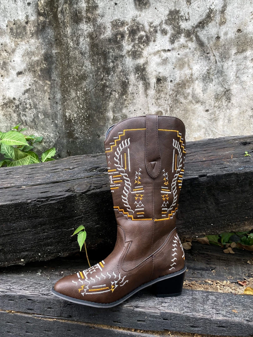 YL En Bloom | Geometric Embroidered Knee Cowboy Boots - Brown New In Shoes 8 YL En Bloom | Geometric Embroidered Knee Cowboy Boots - Brown New In Shoes