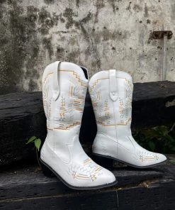 YL En Bloom | Geometric Embroidered Knee Cowboy Boots - White