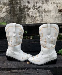 YL En Bloom | Geometric Embroidered Knee Cowboy Boots - White