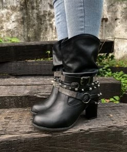 YL New In Shoes En Bloom | Rivet Strap-Wrapped Moto Boot - Black