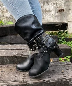 YL New In Shoes En Bloom | Rivet Strap-Wrapped Moto Boot - Black