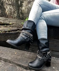 YL New In Shoes En Bloom | Rivet Strap-Wrapped Moto Boot - Black
