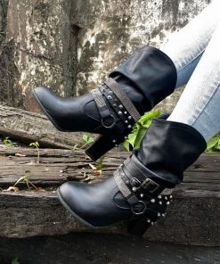 YL New In Shoes En Bloom | Rivet Strap-Wrapped Moto Boot - Black