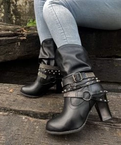 YL New In Shoes En Bloom | Rivet Strap-Wrapped Moto Boot - Black