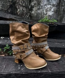 YL New In Shoes En Bloom | Rivet Strap-Wrapped Moto Boots - Tan