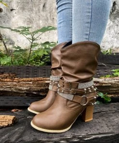 YL En Bloom | Rivet Strap-Wrapped Moto Boots - Brown New In Shoes
