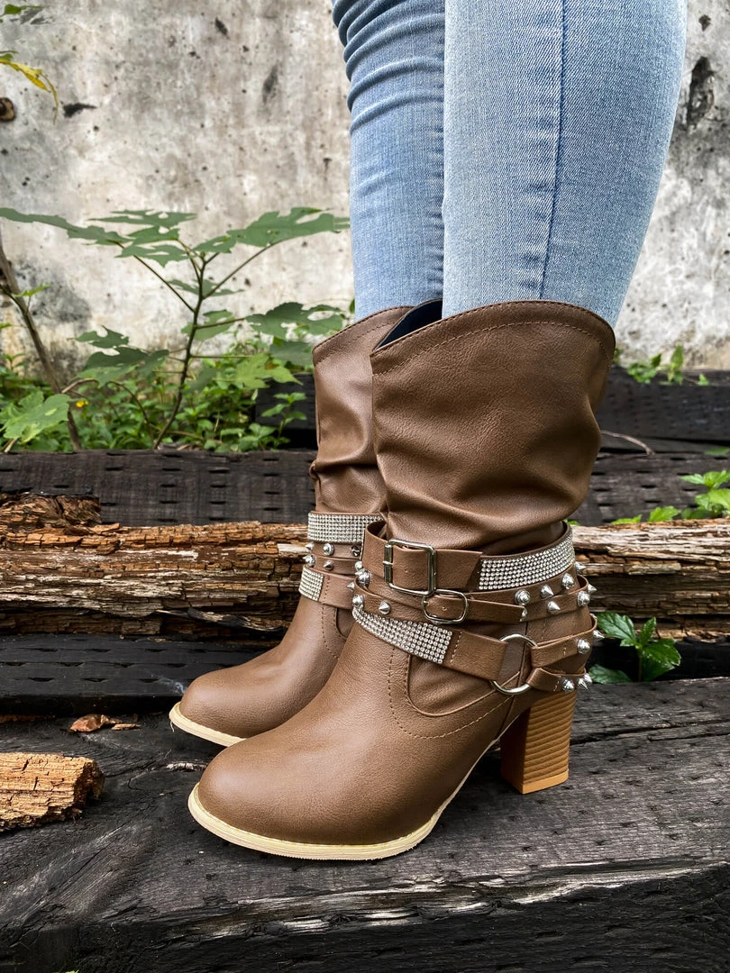 YL En Bloom | Rivet Strap-Wrapped Moto Boots - Brown New In Shoes 2 YL En Bloom | Rivet Strap-Wrapped Moto Boots - Brown New In Shoes