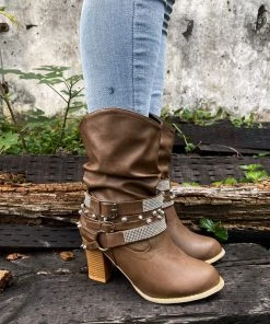 YL En Bloom | Rivet Strap-Wrapped Moto Boots - Brown New In Shoes 14 YL En Bloom | Rivet Strap-Wrapped Moto Boots - Brown New In Shoes