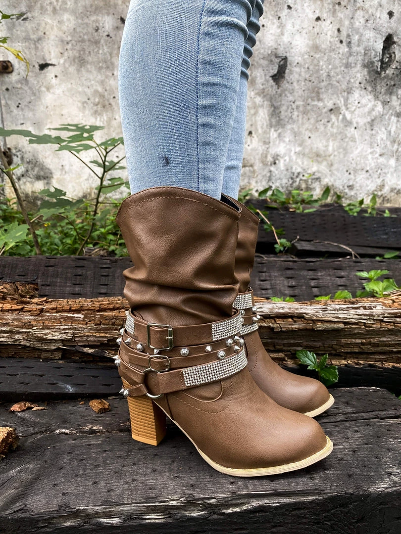 YL En Bloom | Rivet Strap-Wrapped Moto Boots - Brown New In Shoes 5 YL En Bloom | Rivet Strap-Wrapped Moto Boots - Brown New In Shoes