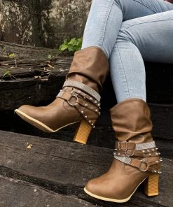 YL En Bloom | Rivet Strap-Wrapped Moto Boots - Brown New In Shoes 13 YL En Bloom | Rivet Strap-Wrapped Moto Boots - Brown New In Shoes