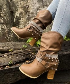 YL En Bloom | Rivet Strap-Wrapped Moto Boots - Brown New In Shoes 12 YL En Bloom | Rivet Strap-Wrapped Moto Boots - Brown New In Shoes