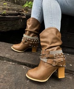 YL En Bloom | Rivet Strap-Wrapped Moto Boots - Brown New In Shoes 16 YL En Bloom | Rivet Strap-Wrapped Moto Boots - Brown New In Shoes