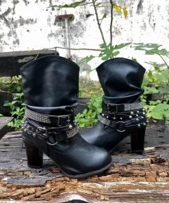 YL New In Shoes En Bloom | Rivet Strap-Wrapped Moto Boot - Black