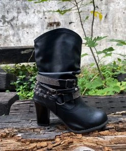 YL New In Shoes En Bloom | Rivet Strap-Wrapped Moto Boot - Black