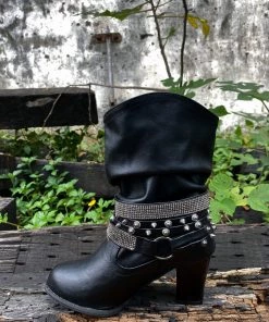 YL New In Shoes En Bloom | Rivet Strap-Wrapped Moto Boot - Black