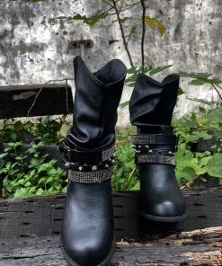 YL New In Shoes En Bloom | Rivet Strap-Wrapped Moto Boot - Black