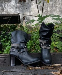 YL New In Shoes En Bloom | Rivet Strap-Wrapped Moto Boot - Black