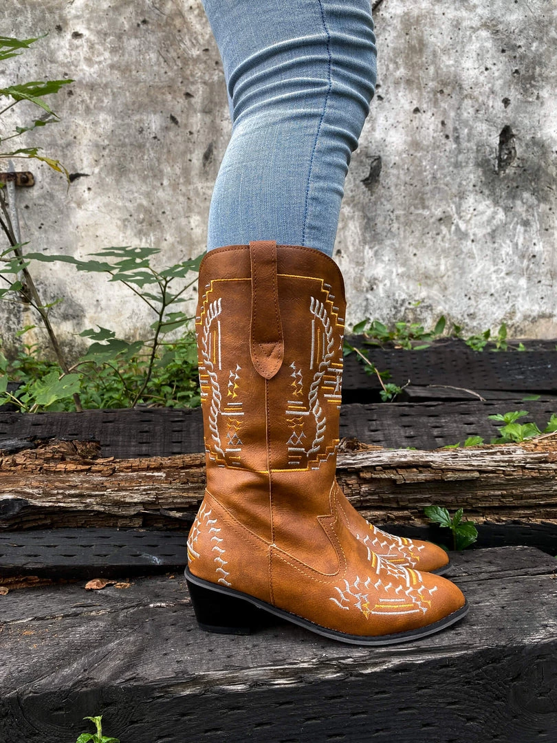 YL En Bloom | Geometric Embroidered Knee Cowboy Boots - Tan 3 YL En Bloom | Geometric Embroidered Knee Cowboy Boots - Tan