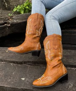 YL En Bloom | Geometric Embroidered Knee Cowboy Boots - Tan 15 YL En Bloom | Geometric Embroidered Knee Cowboy Boots - Tan