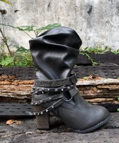YL En Bloom | Rivet Strap-Wrapped Moto Boots - Charcoal 15 YL En Bloom | Rivet Strap-Wrapped Moto Boots - Charcoal