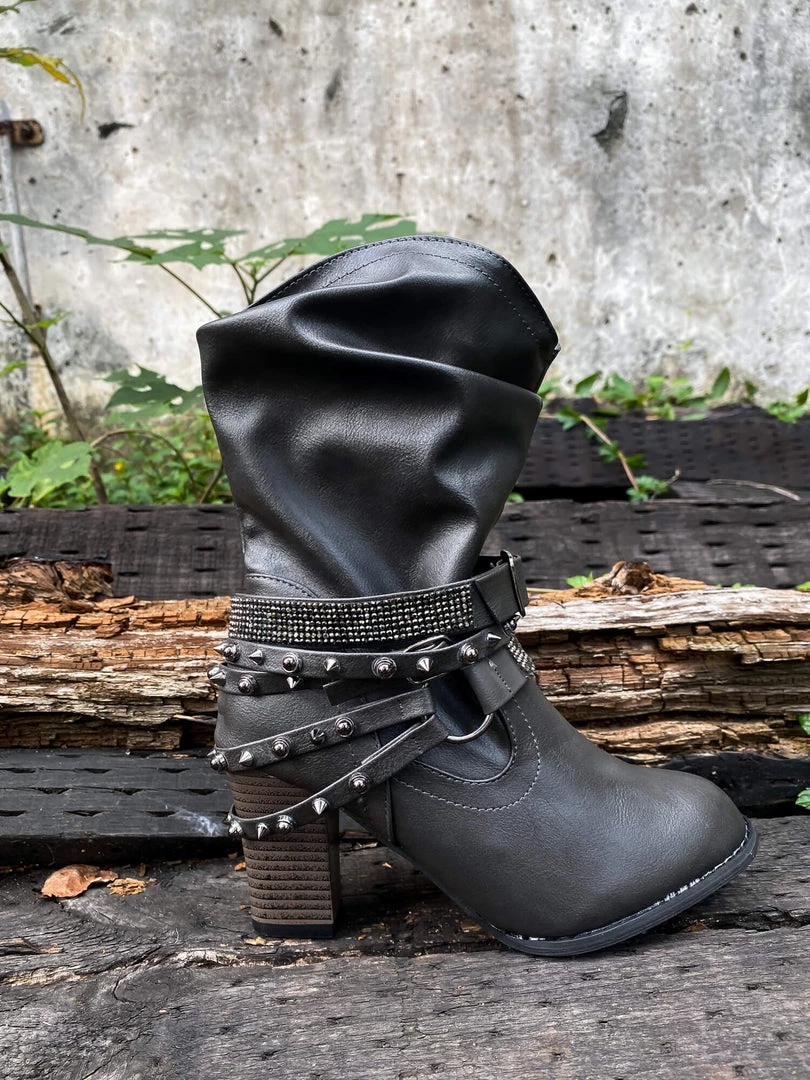 YL En Bloom | Rivet Strap-Wrapped Moto Boots - Charcoal 6 YL En Bloom | Rivet Strap-Wrapped Moto Boots - Charcoal
