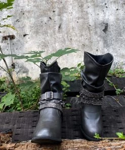 YL En Bloom | Rivet Strap-Wrapped Moto Boots - Charcoal 18 YL En Bloom | Rivet Strap-Wrapped Moto Boots - Charcoal